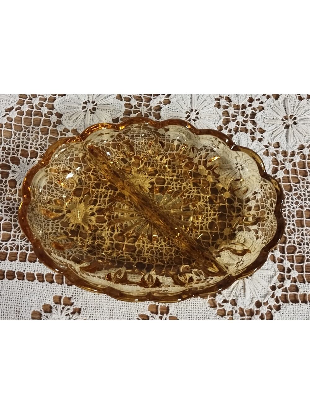 Vintage Amber Glass Oval 2 Compartment Candy/Relish/Snack/Trinket Dish MCM Retro